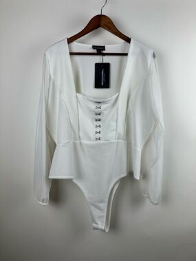 White Corset Plus Size Bodysuit Long Mesh Bubble Sleeve Top witchy boho goblin